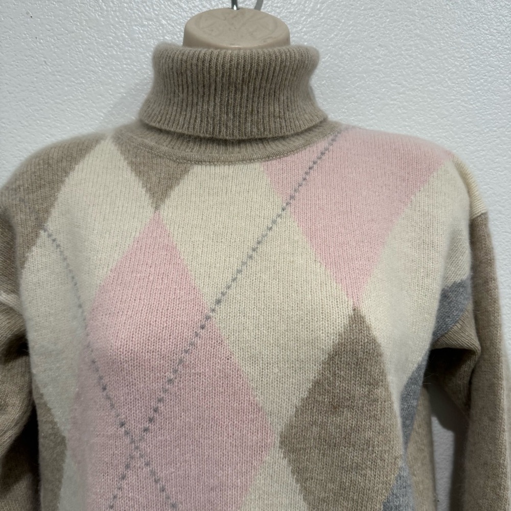 Vintage Lambswool Angora Blend Argyle Turtleneck Sweater S Funnel Neck - Picture 2 of 6